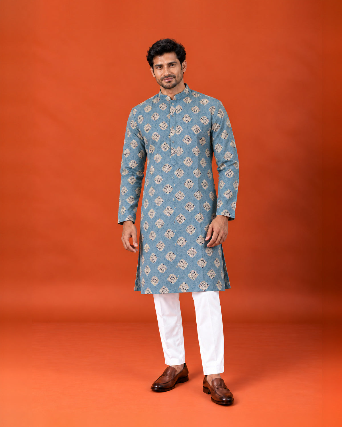 Light Teal Blue Cotton Printed Kurta with White Pants