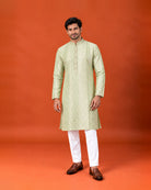 Pastel Green Self-Embroidered Kurta with Off-White Pants