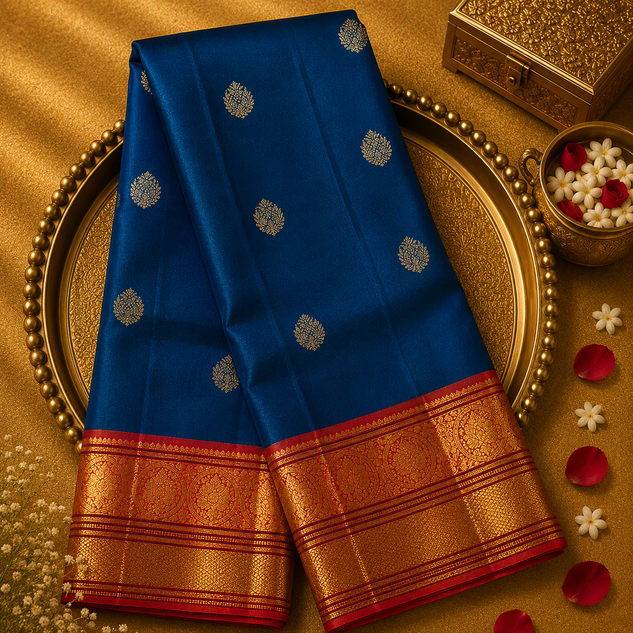 Peacock Green-Blue Dual Tone Kanjeevaram Silk Saree with Buttas