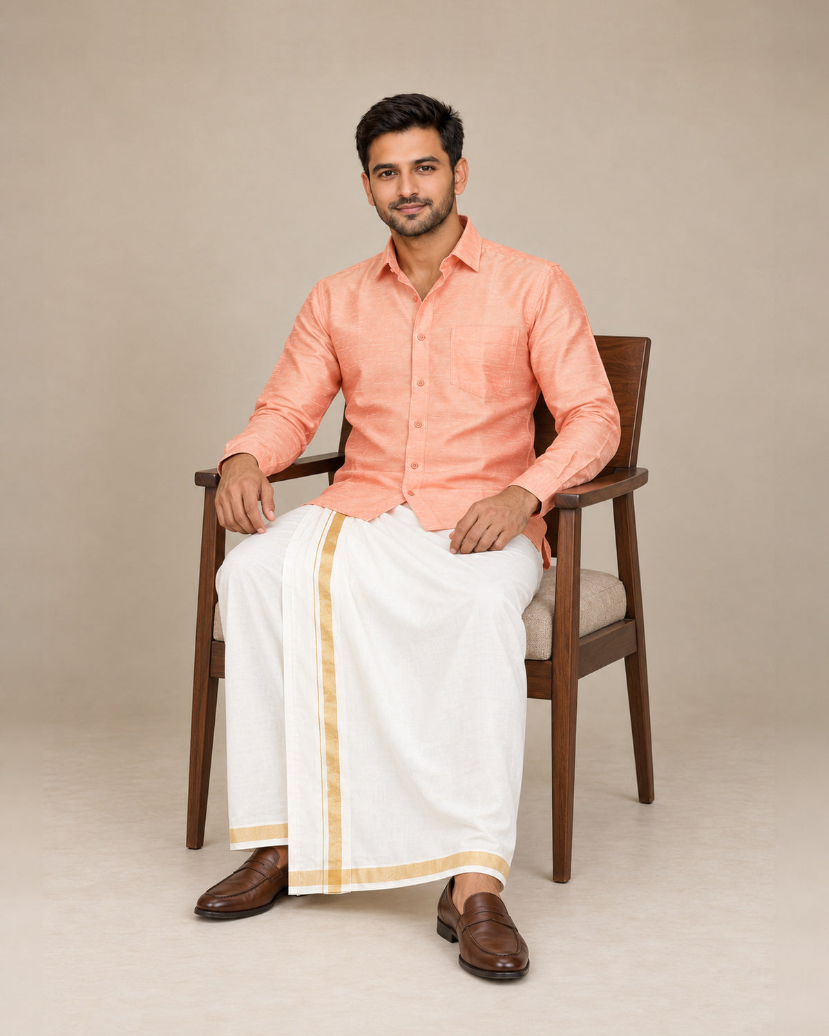 Light Orange Plain Raw Silk Shirt
