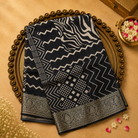 Black Semi Crepe Silk Saree with Abstract Print & Gold Zari Mango Border