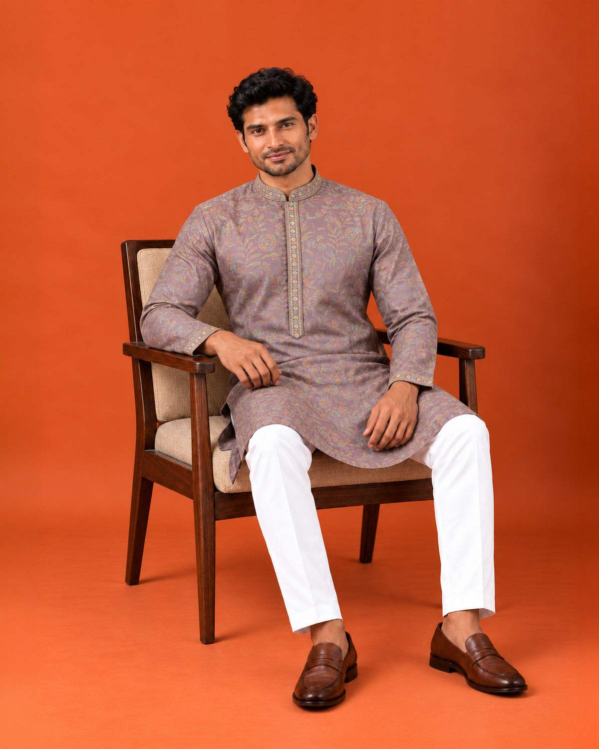 Lavender Silk Multicolour Embroidered Kurta with White Pants