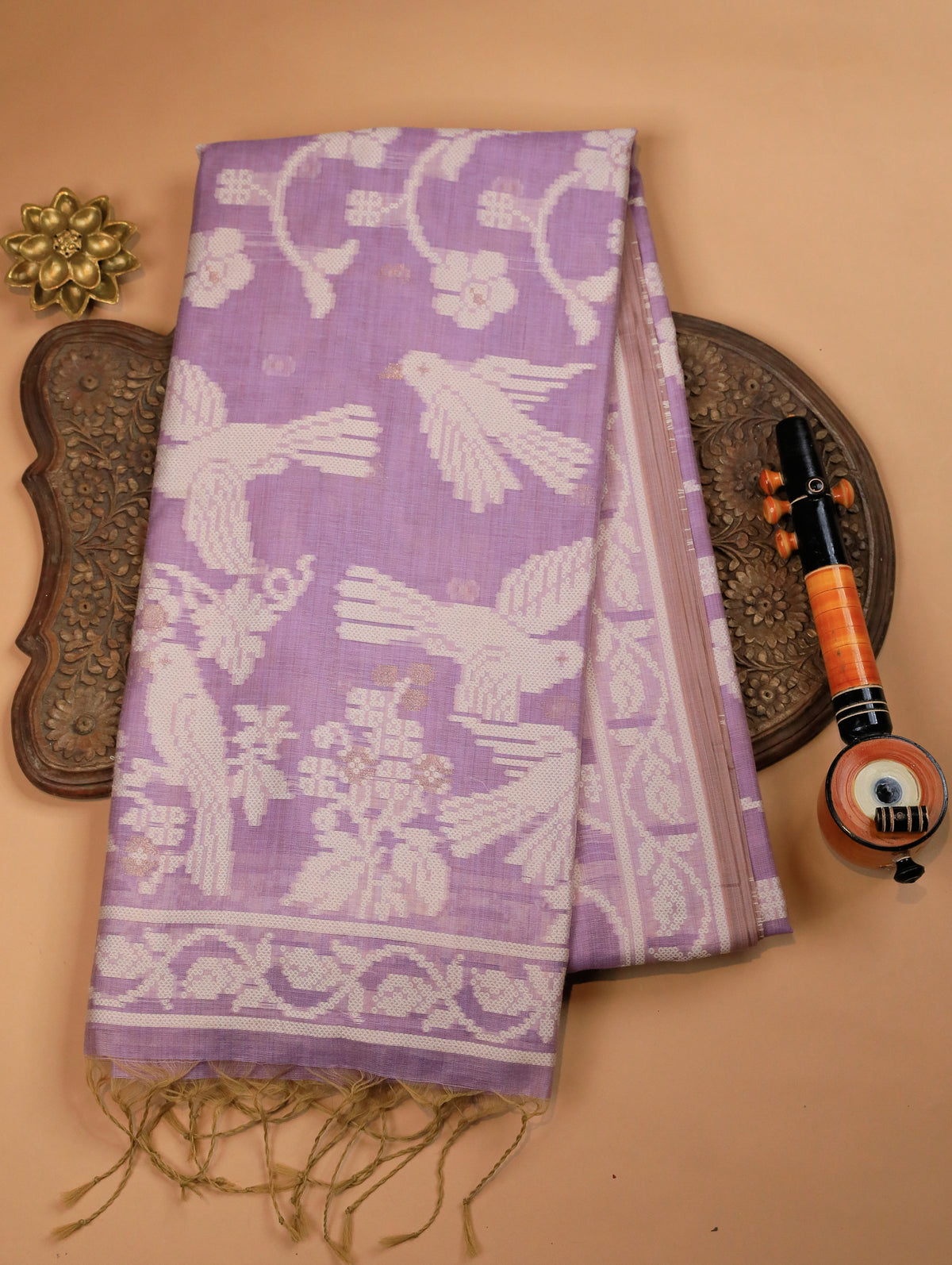 Lavender Mulmul Cotton Saree with Floral Bandhani Design & Border