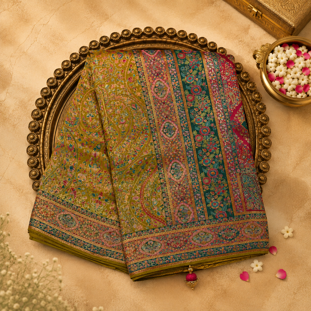 Mustard Semi Pashmina Silk Saree with Meenakari Paisley Border