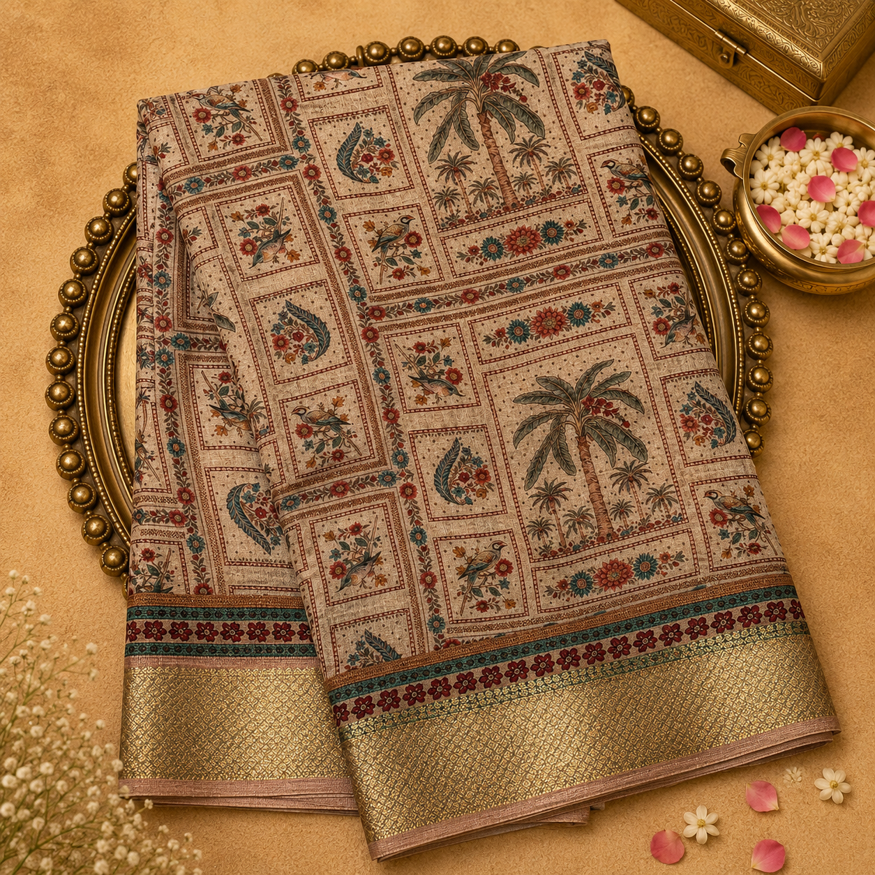 Beige Semi Crepe Silk Saree with Floral & Animal Print & Gold Zari Border