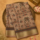Beige Semi Crepe Silk Saree with Floral & Animal Print & Gold Zari Border