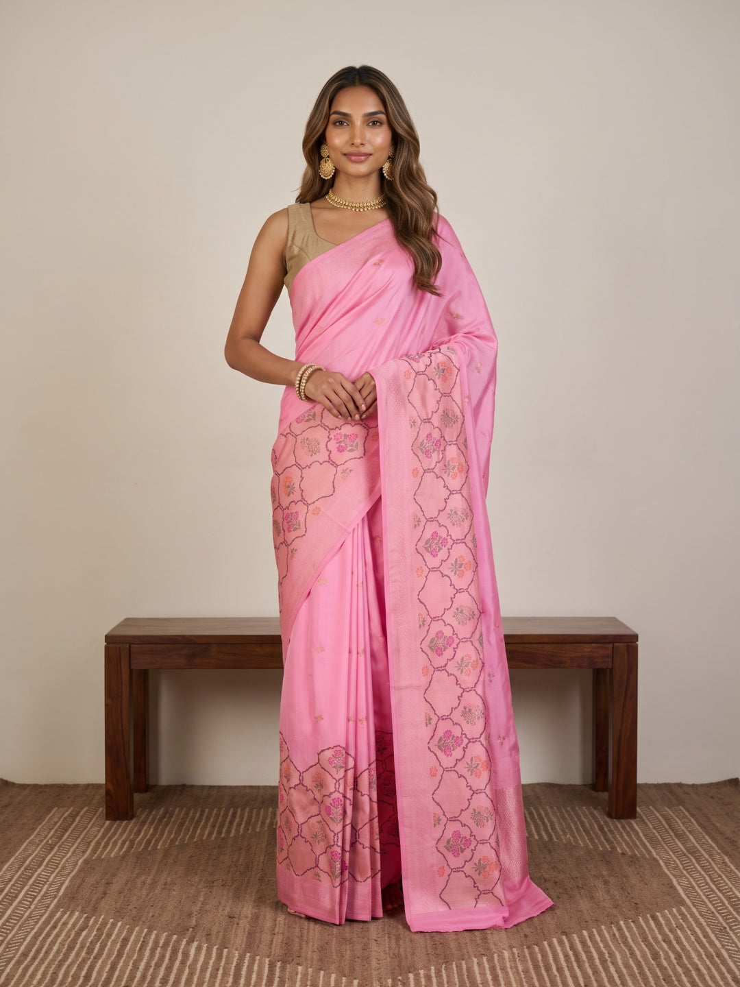 Baby Pink Pure Banarasi Silk Saree with Floral Zari Motifs & Meenakari Border