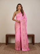 Baby Pink Pure Banarasi Silk Saree with Floral Zari Motifs & Meenakari Border