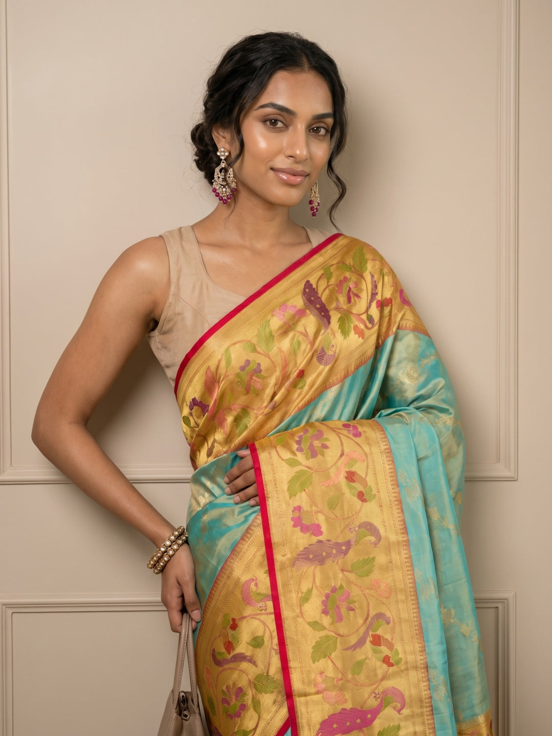 Light Green Pure Kanjeevaram Tissue Silk Saree with Paithani Border - detail
