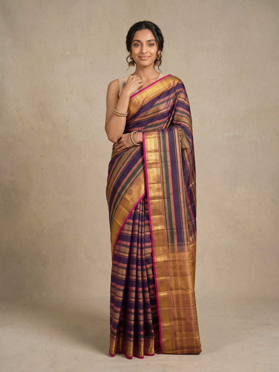 Multicolour Pure Kanjeevaram Silk Saree with Gold Zari Detailing - detail