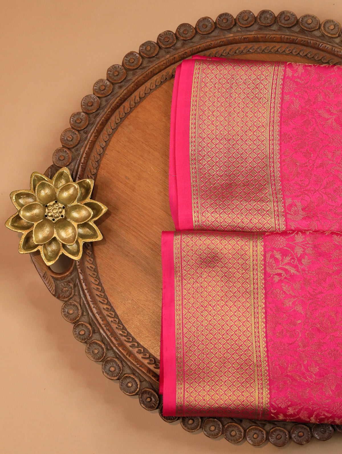 Hot Pink Pure Mysore Silk Saree with Floral Zari Brocade & Border
