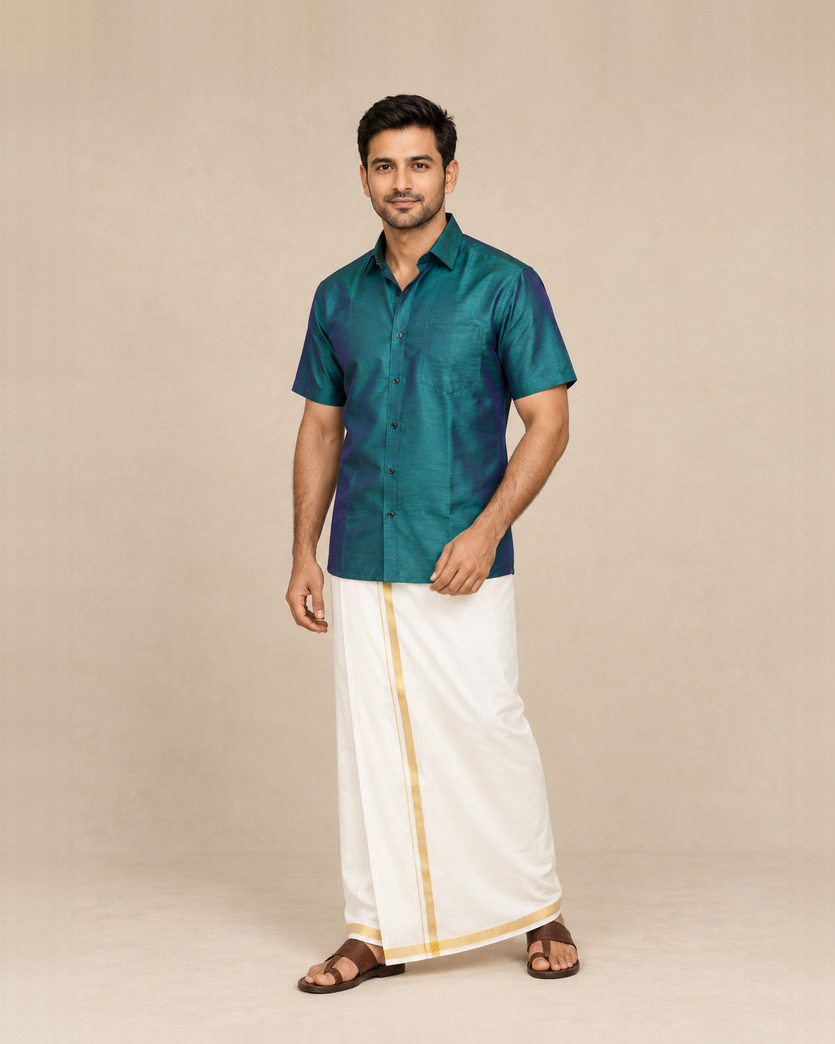 Dark Bottle Green Plain Raw Silk Shirt