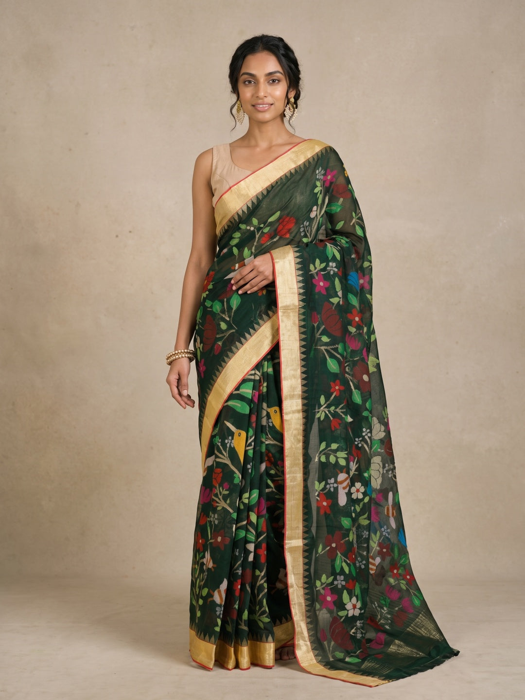 Bottle Green Pure Khaddi Saree with Meenakari Jamdani & Gold Border - detail