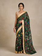 Bottle Green Pure Khaddi Saree with Meenakari Jamdani & Gold Border - detail
