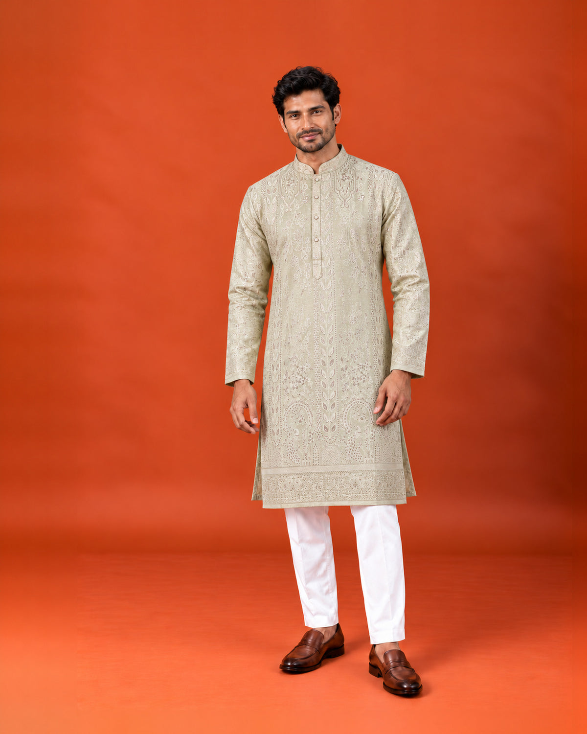 Light Pastel Green Embroidered Kurta with White Pants
