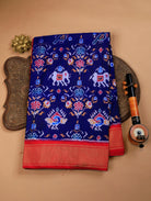 Dark Blue Pure Ikat Silk Saree with Floral Weave & Red Zari Border