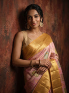 Onion Pink Pure Kanjeevaram Tissue Brocade Saree with Yellow Zari Border - detail