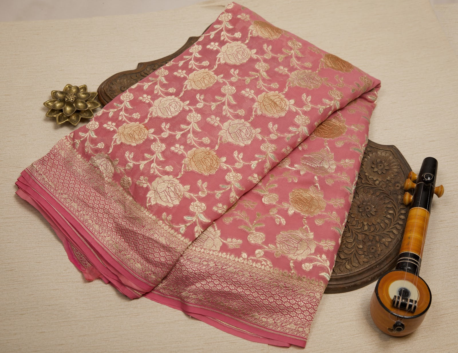 Dusky Light Pink Banarasi Georgette Saree with Floral Zari Brocade & Simple Zari Border