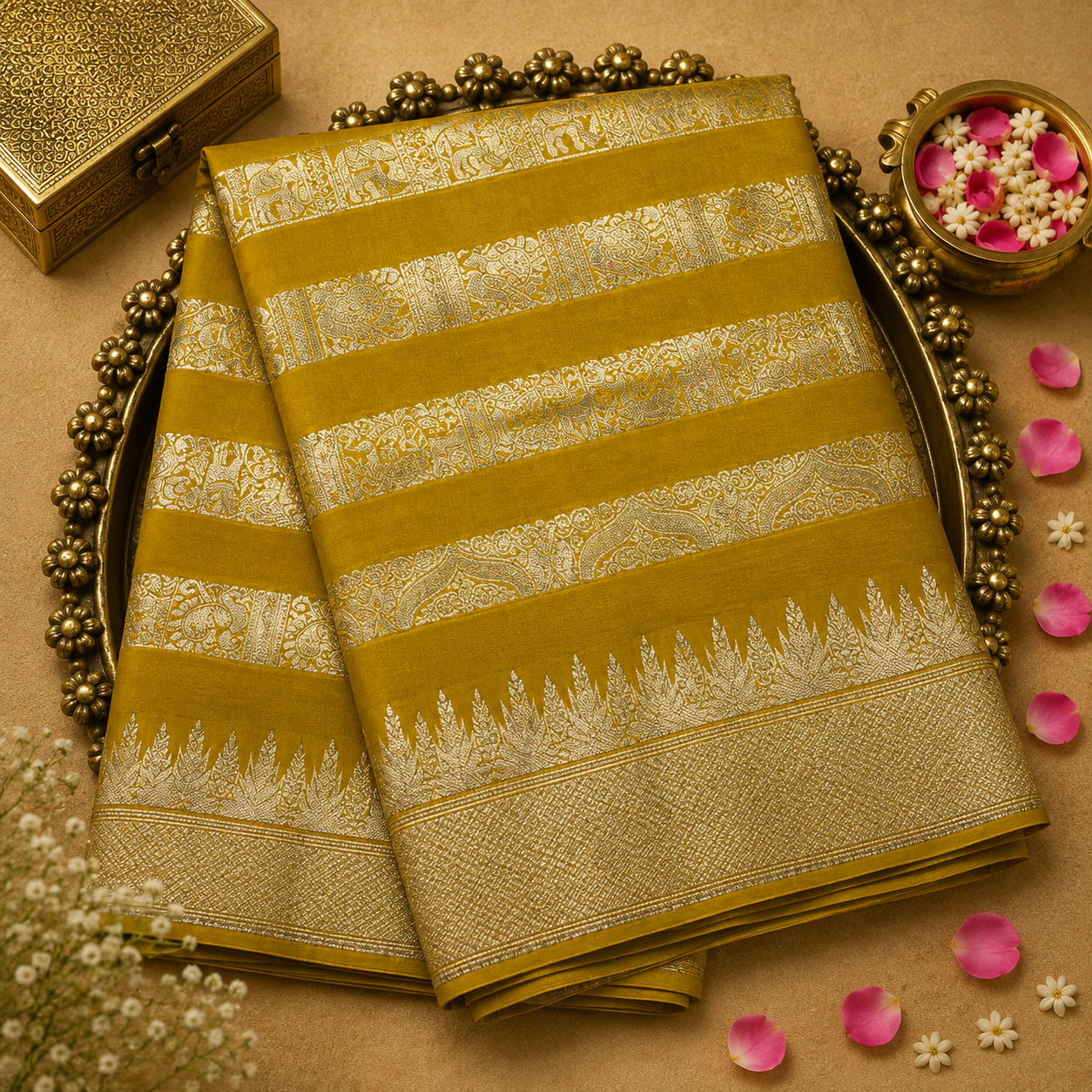 Mustard Yellow Semi Banarasi Silk Saree with Silver Zari Lines & Temple Border