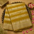 Mustard Yellow Semi Banarasi Silk Saree with Silver Zari Lines & Temple Border