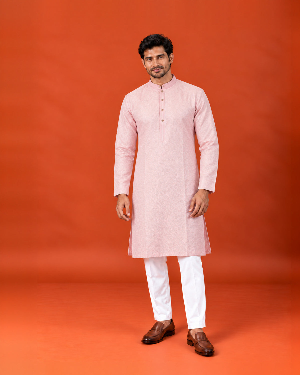 Light Pink Silk Embroidered Kurta with White Pants