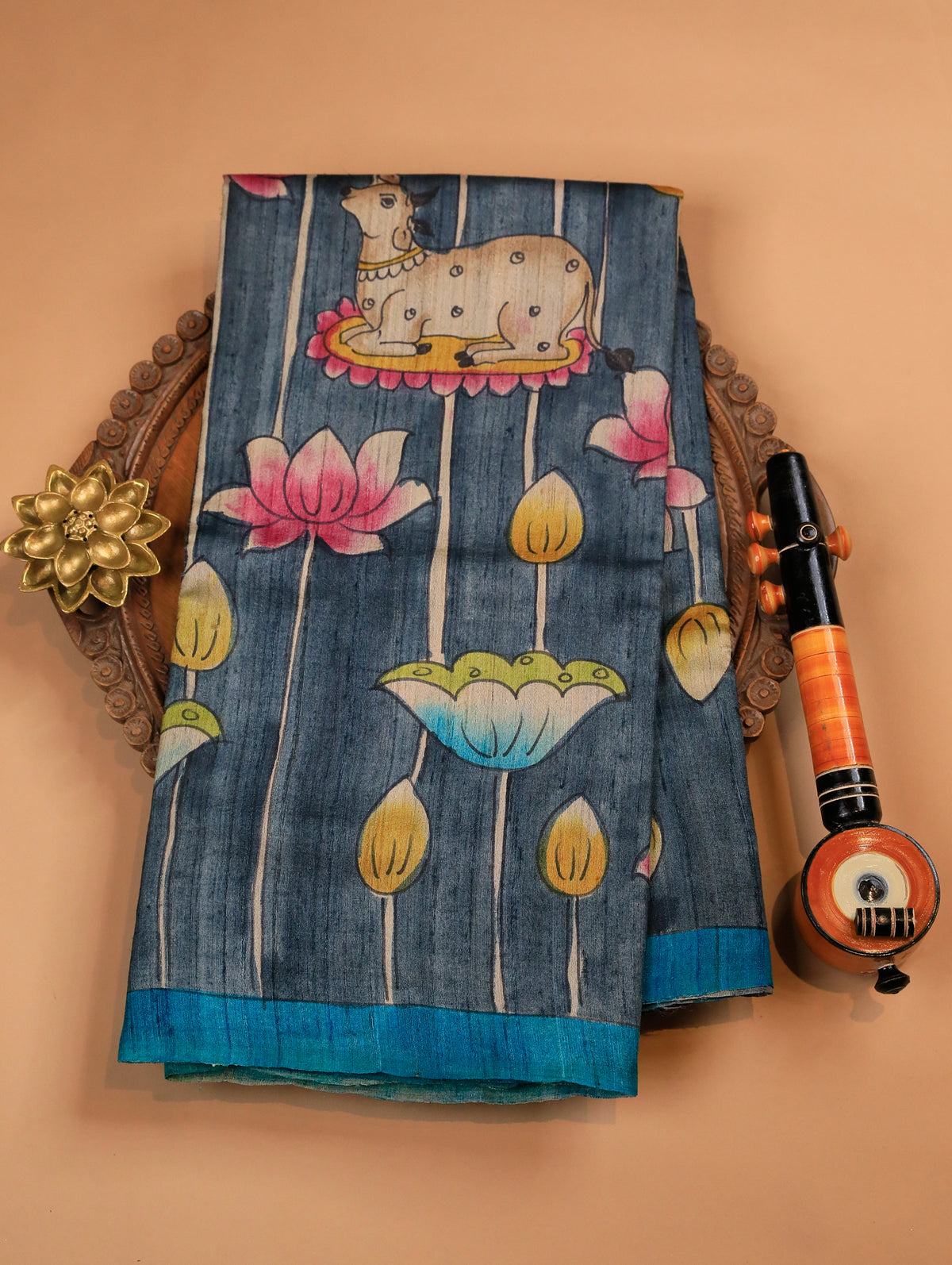 Grey Pure Tussar Silk Saree with Floral Print & Blue Border