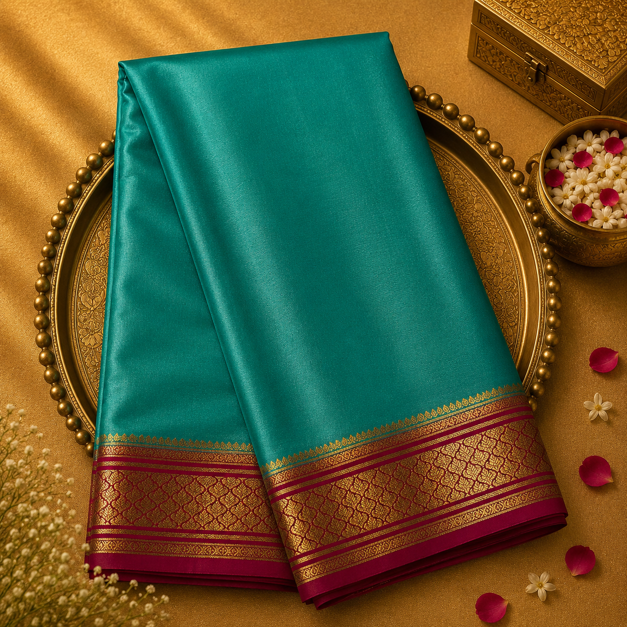 Light Green Pure Mysore Crepe Silk Saree with Gold Zari