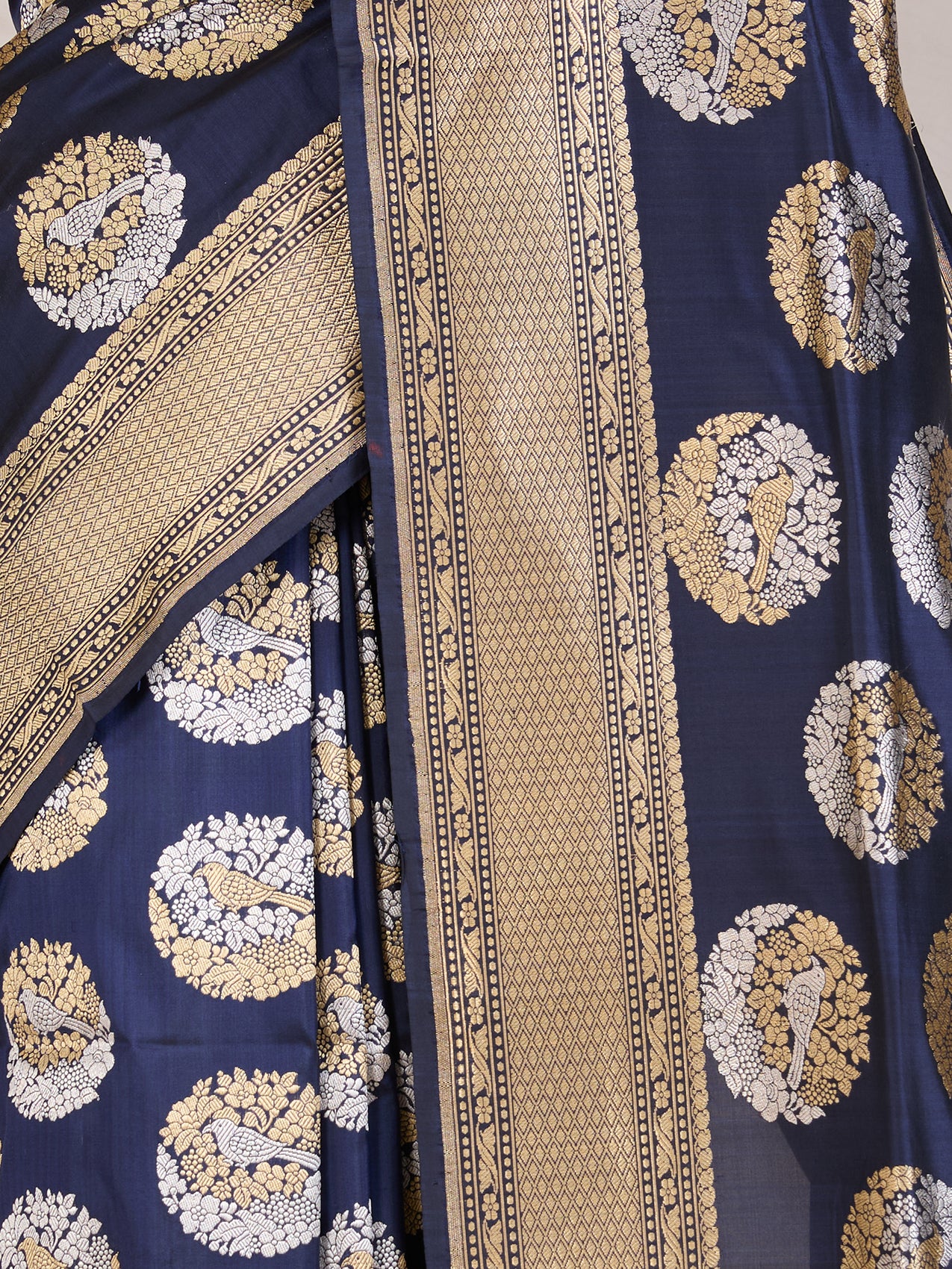 Dark Navy Blue Pure Banarasi Silk Saree with Zari Motifs & Gold Border - detail