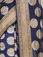 Dark Navy Blue Pure Banarasi Silk Saree with Zari Motifs & Gold Border - detail