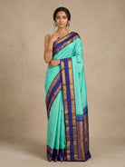 Light Teal Green Pure Vairaoosi Kanjeevaram Silk Saree with Ink Blue Border - detail