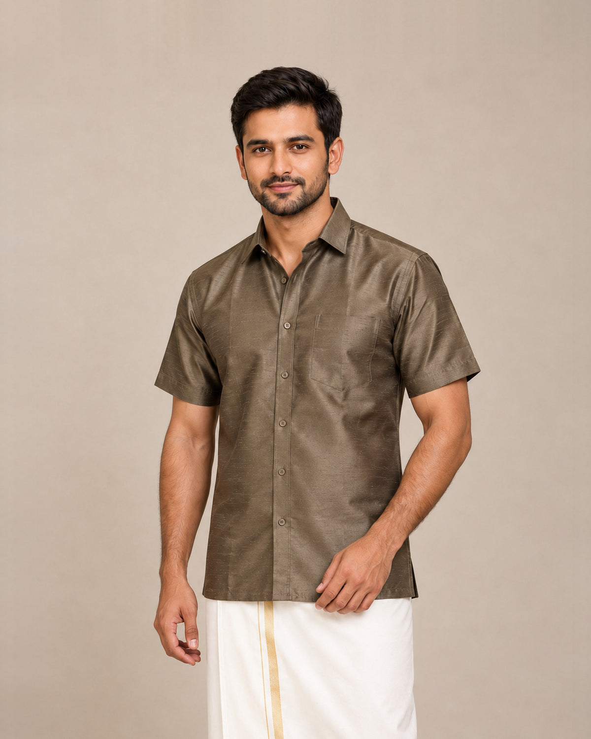Khaki Brown Plain Raw Silk Shirt