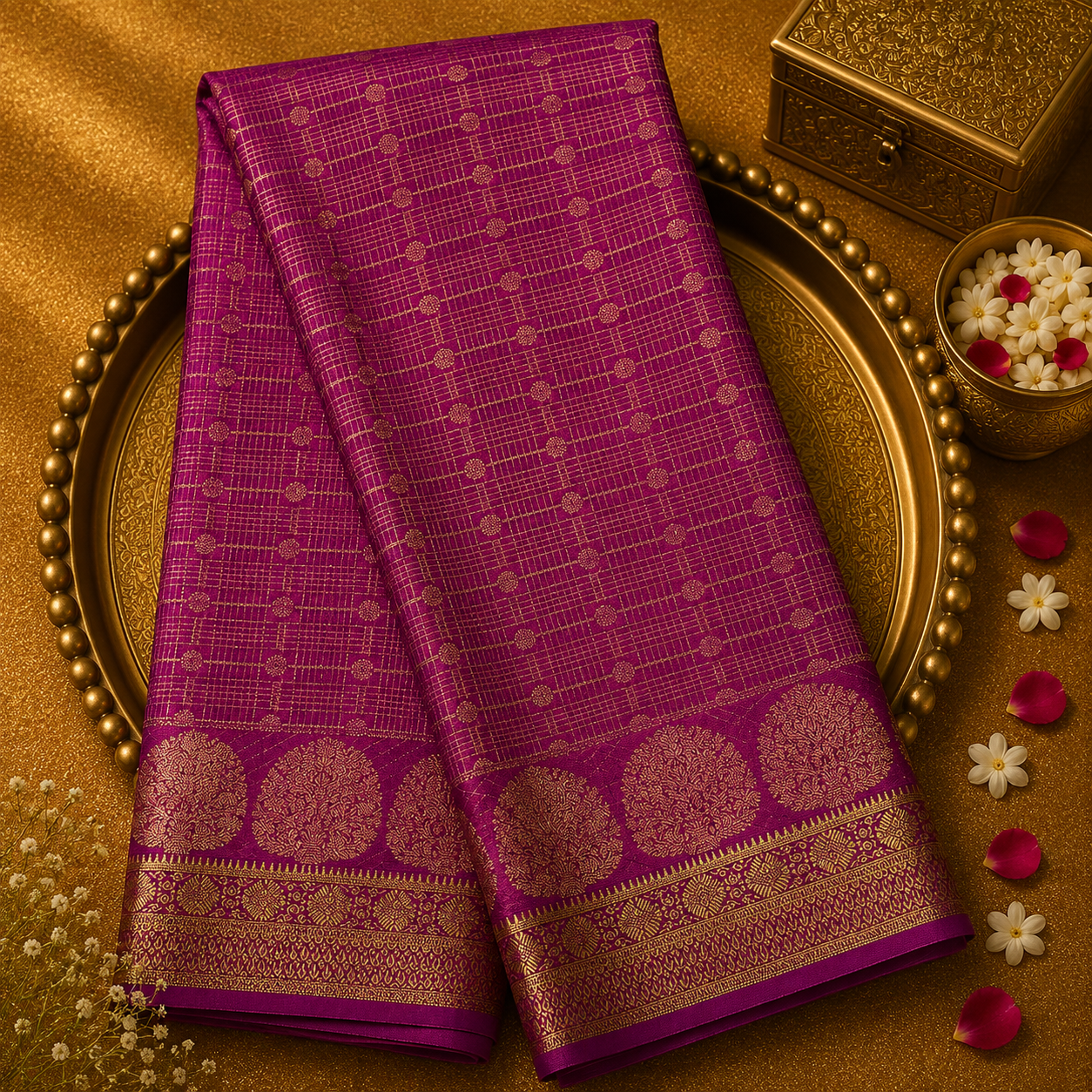 Pink Pure Mysore Crepe Silk Saree with Zari Checks, Floral Border