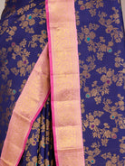 Dark Blue Pure Kanjeevaram Silk Saree with Gold Brocade & Light Pink Border - detail