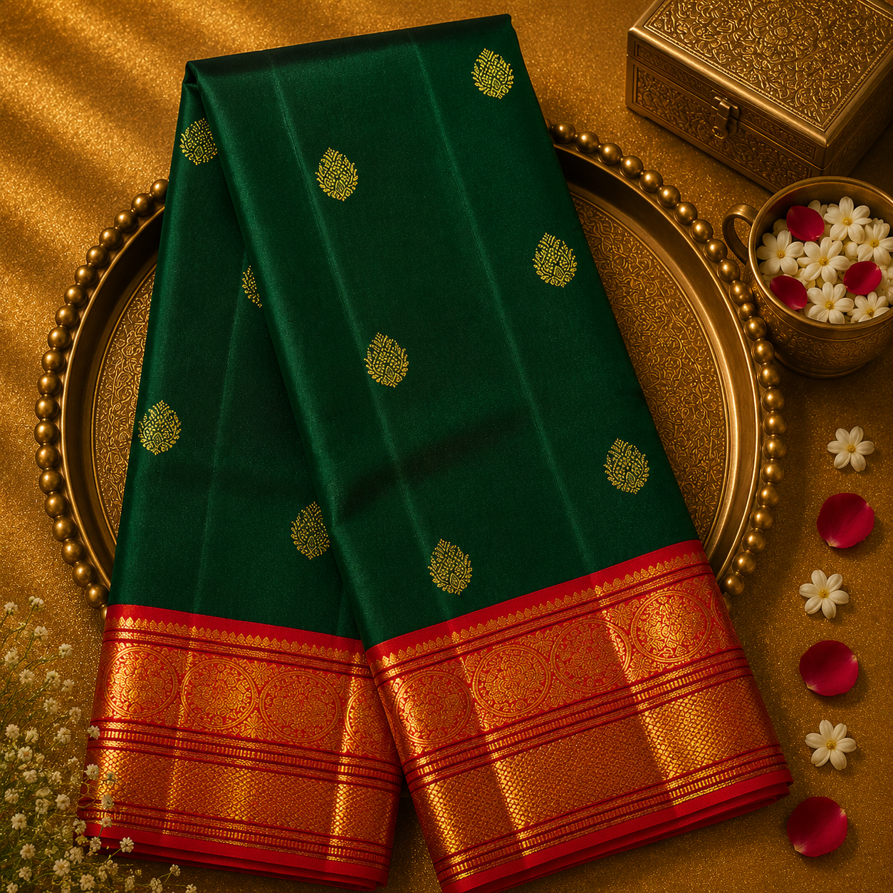 Dark Green Kanjeevaram Silk Saree with Zari Buttas