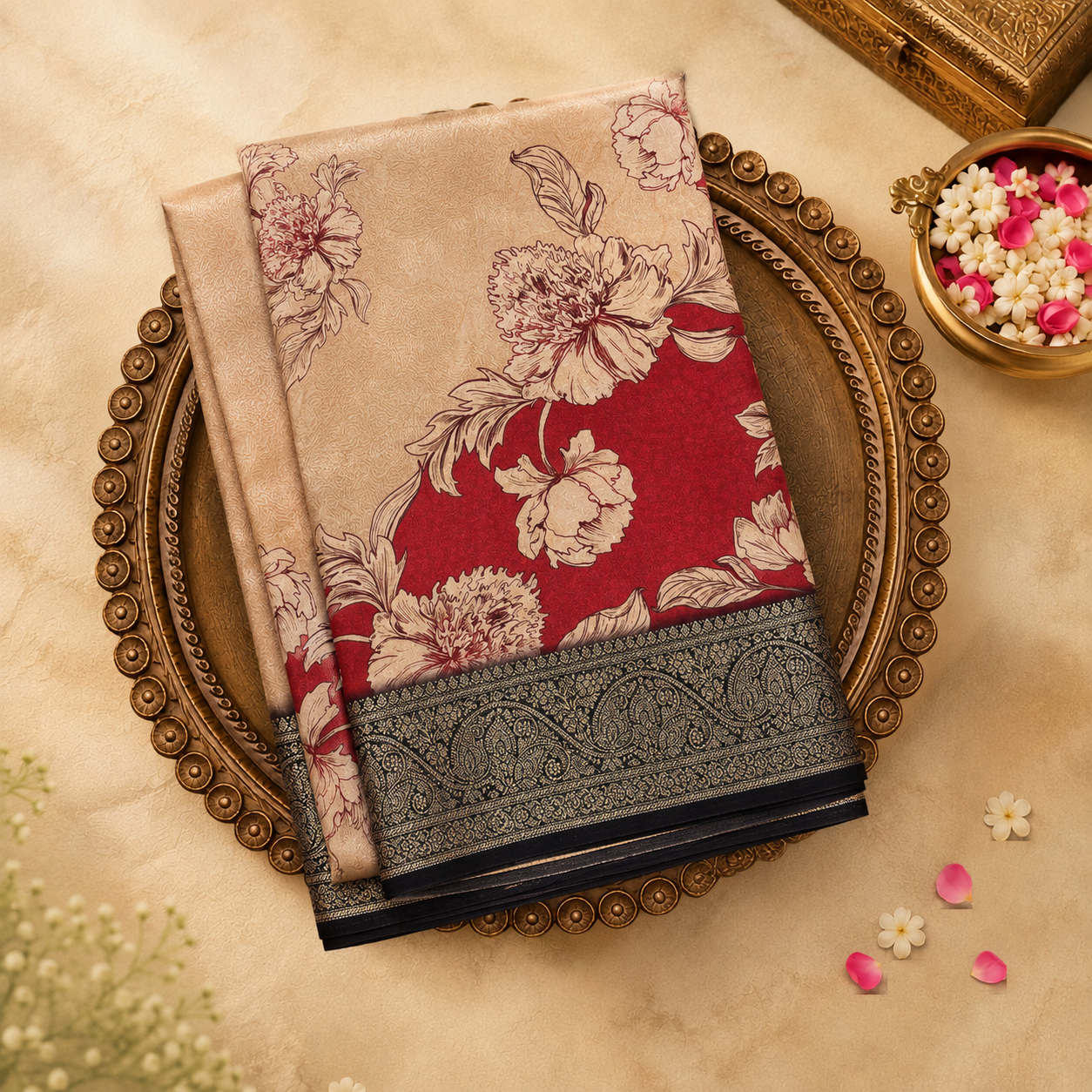 Red Semi Crepe Silk Saree with Floral Print & Grey Border