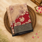 Red Semi Crepe Silk Saree with Floral Print & Grey Border
