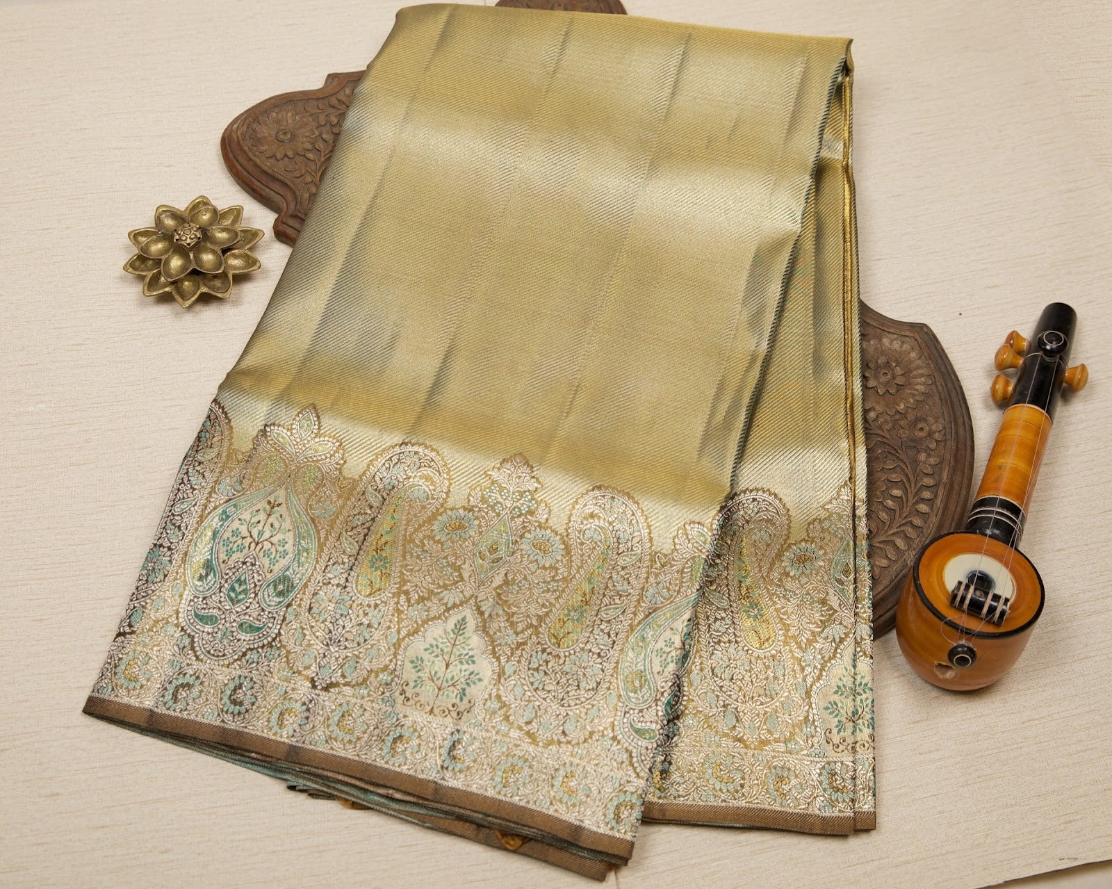 Peacock Green-Gold Dual-Tone Kanjeevaram Tissue Silk Saree with Diagonal Weave & Gold Zari Border