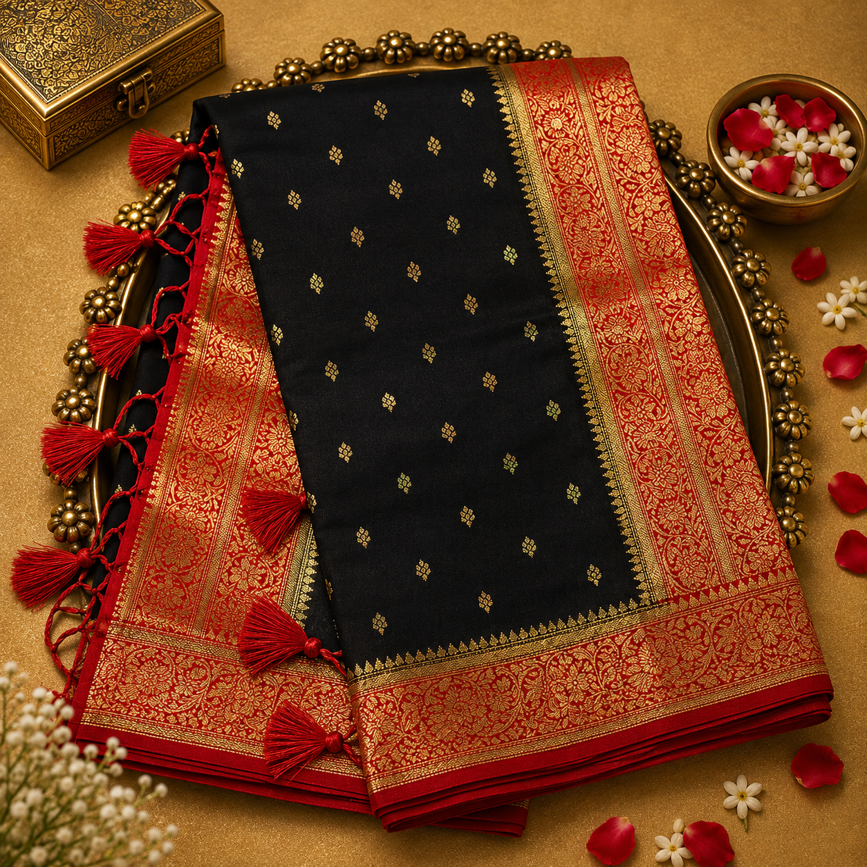 Black Semi Banarasi Silk Saree with Gold Zari Buttas & Red Floral Border