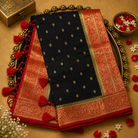Black Semi Banarasi Silk Saree with Gold Zari Buttas & Red Floral Border