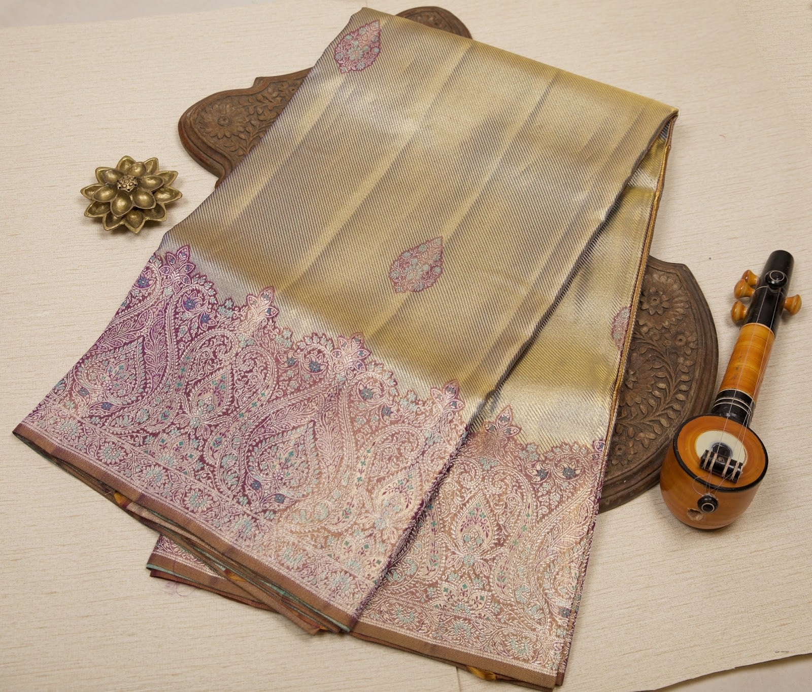 Purple-Gold Dual-Tone Kanjeevaram Tissue Silk Saree with Diagonal Weave & Gold Zari Border