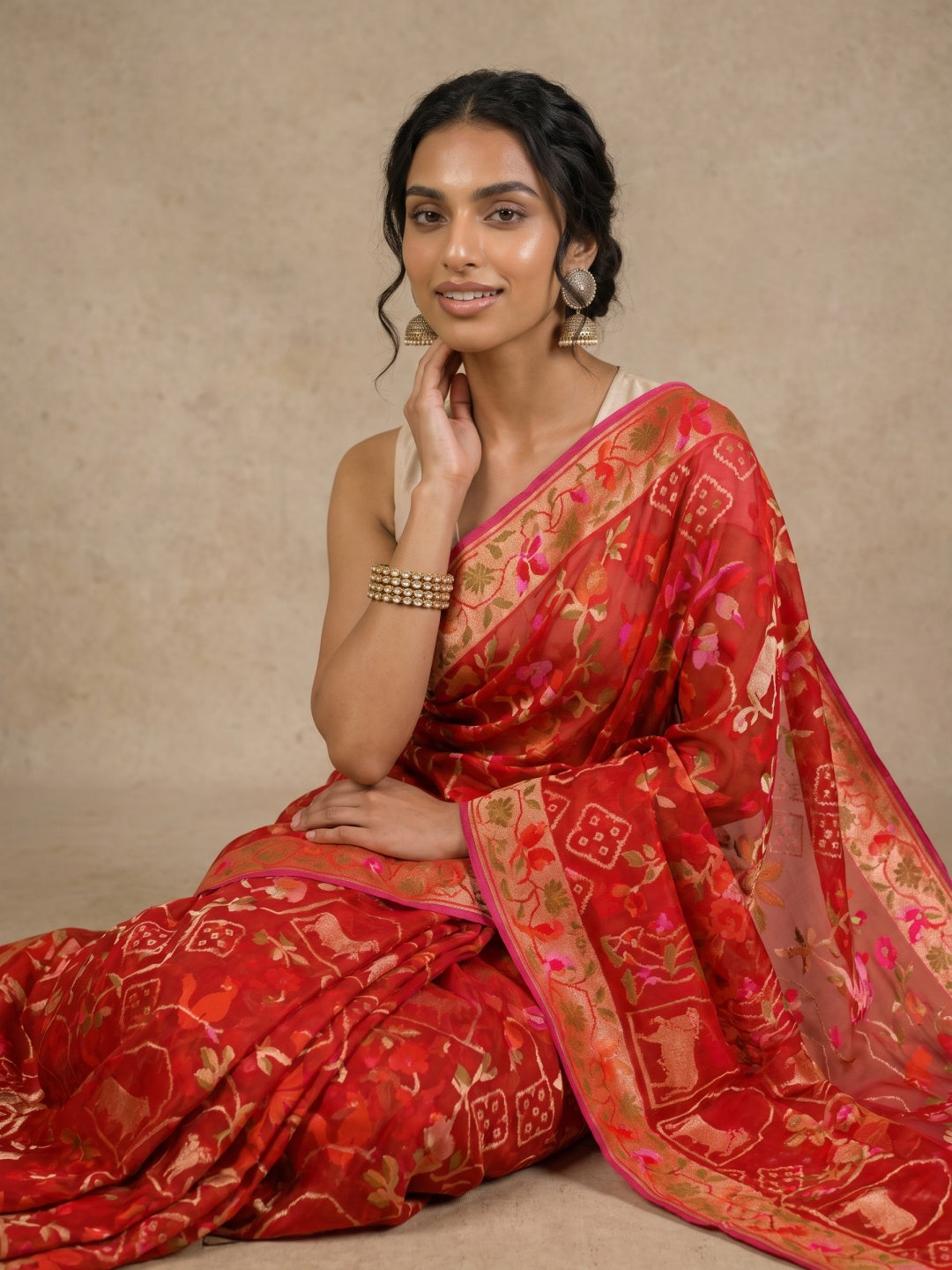 Multi Pastel Pure Banarasi Tissue Brocade Silk Saree with Gold Zari Motifs - detail