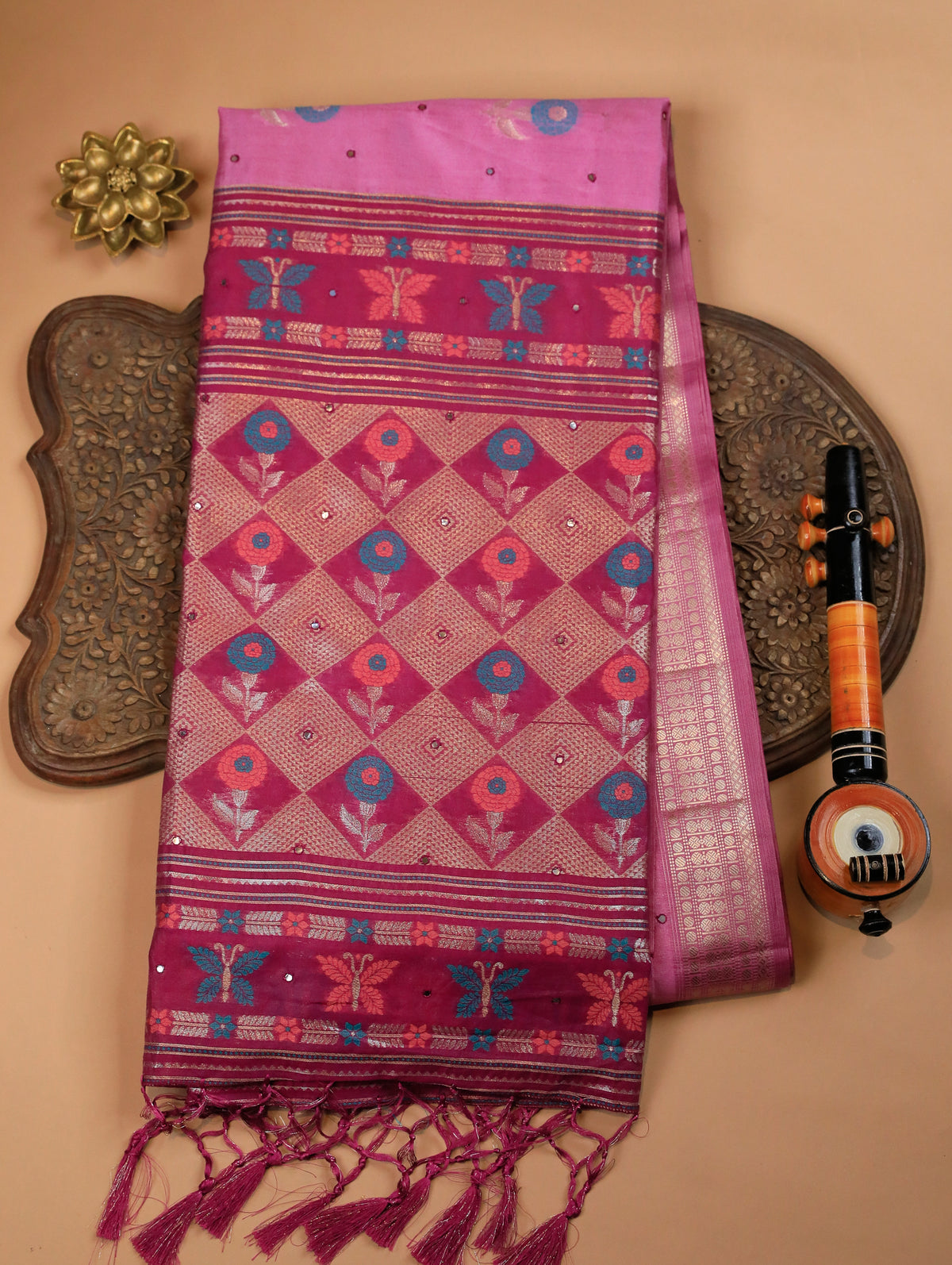 Light Pink Semi Raw Silk Saree with Floral Motifs & Mirror Work