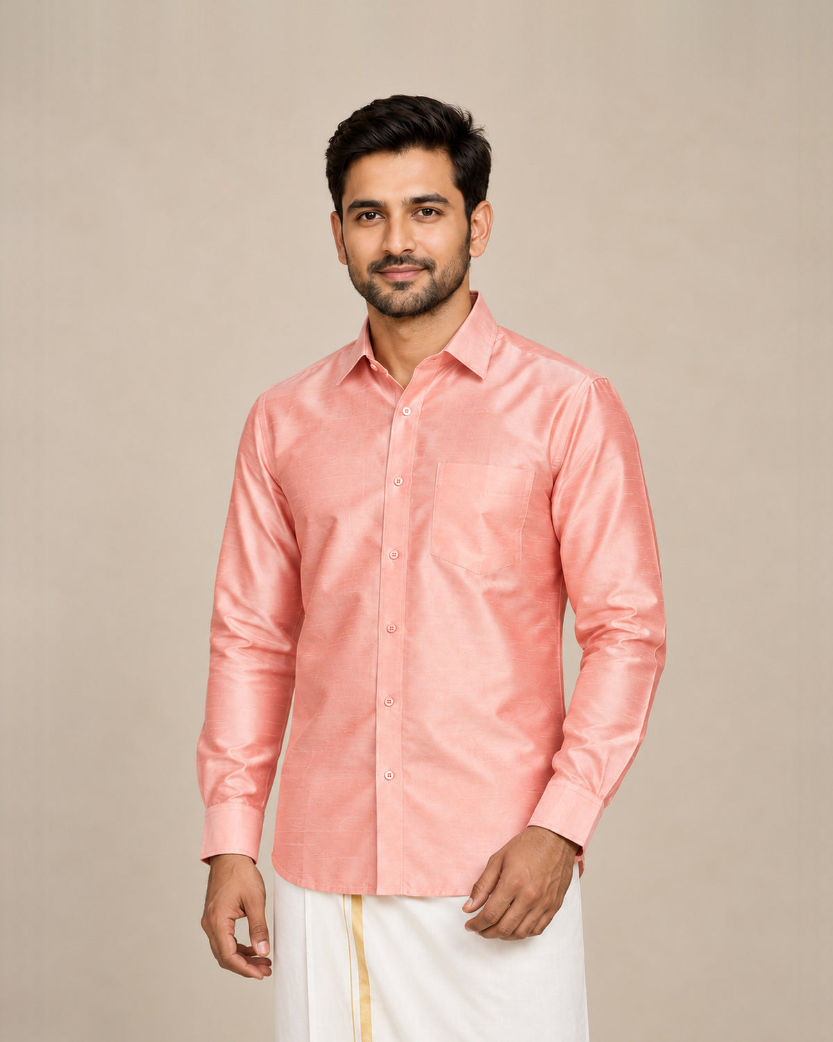 Peach Plain Raw Silk Shirt