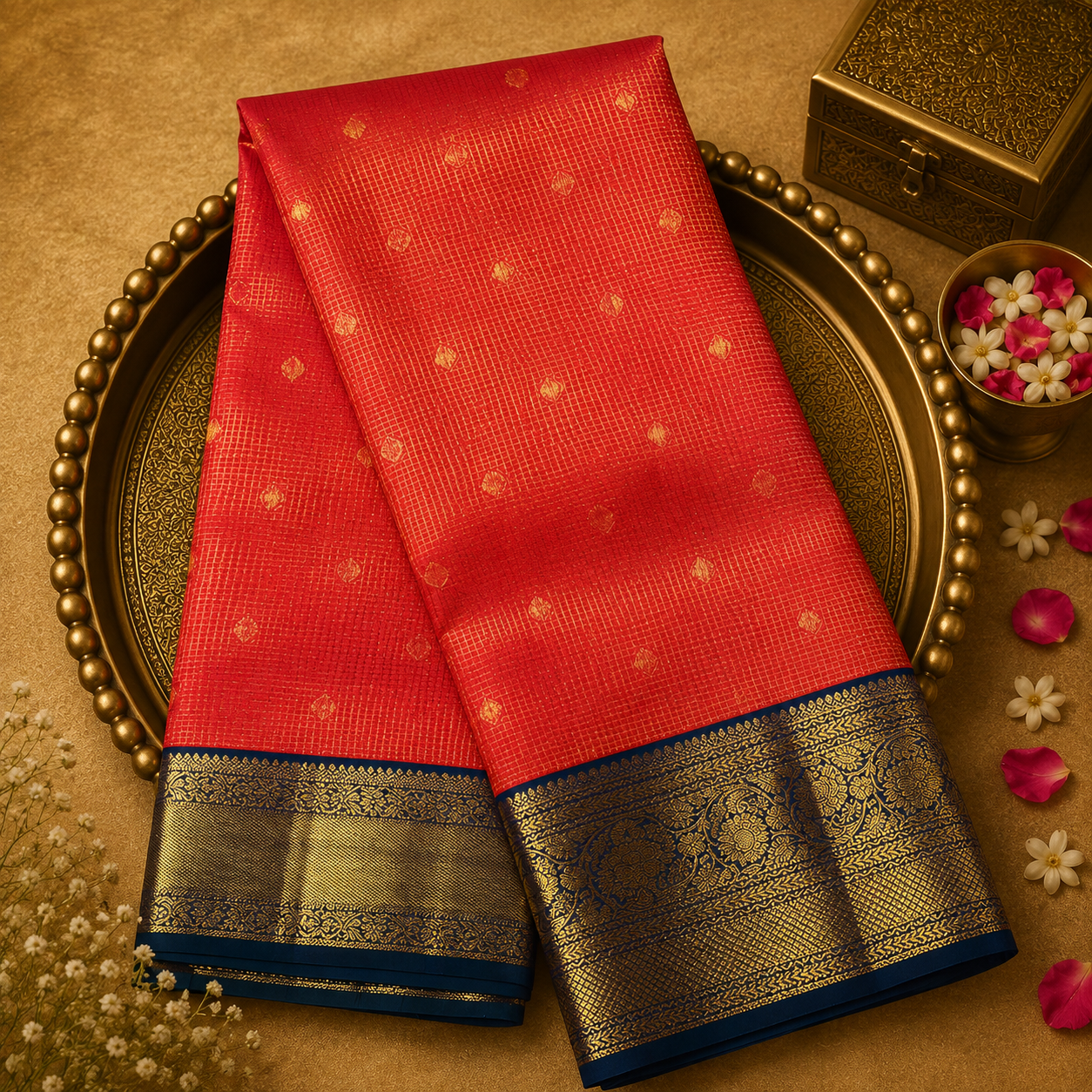 Orange Kanjeevaram Silk Saree with Zari Checks-Motifs & Blue Floral Border