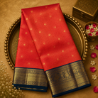 Orange Kanjeevaram Silk Saree with Zari Checks-Motifs & Blue Floral Border