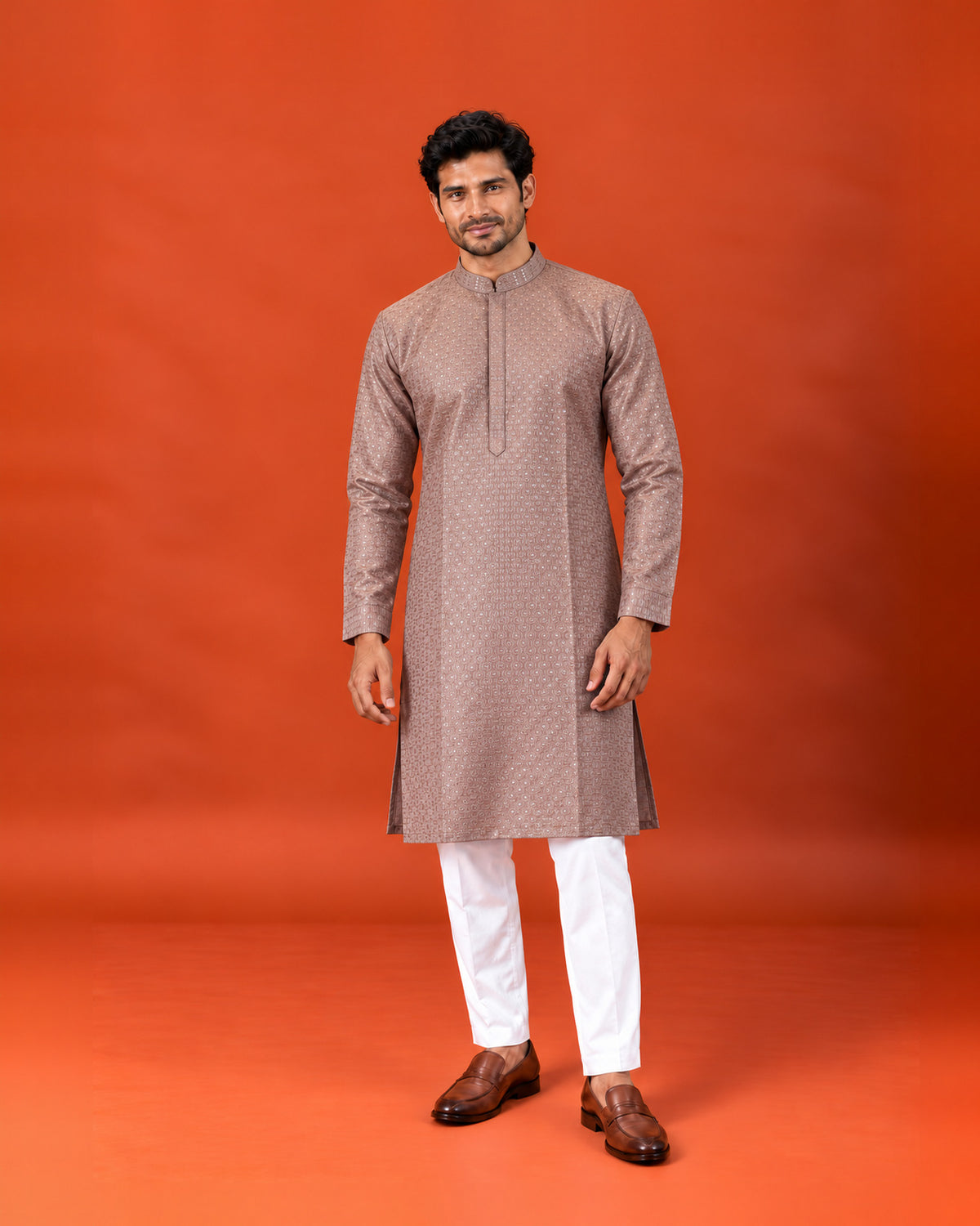Dusky Onion Pink Silk Embroidered Kurta with White Pants