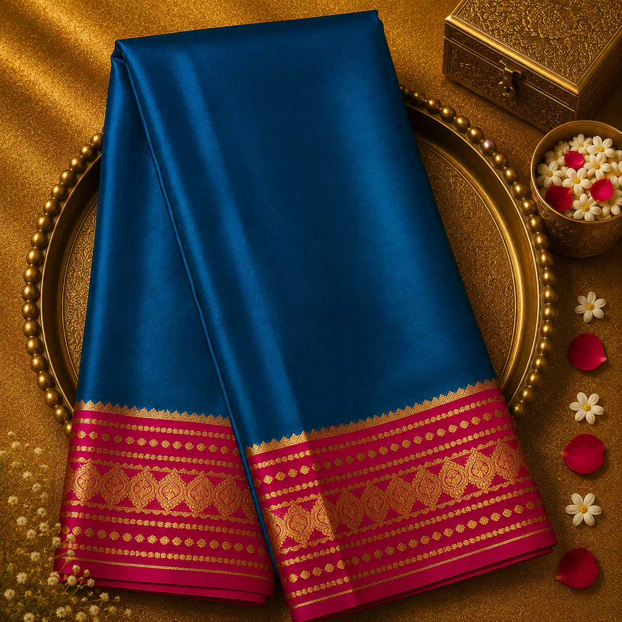 Peacock Blue Pure Mysore Crepe Silk Saree with Pink-Gold Border