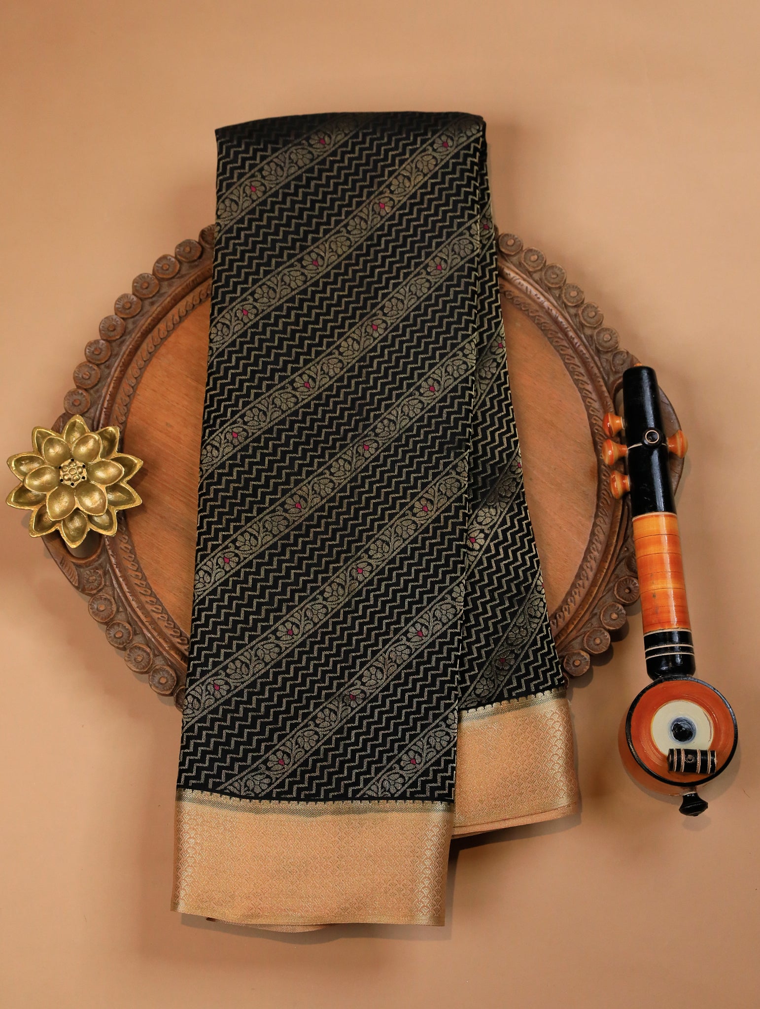 Black Pure Mysore Silk Saree with Zari Brocade & Beige Border