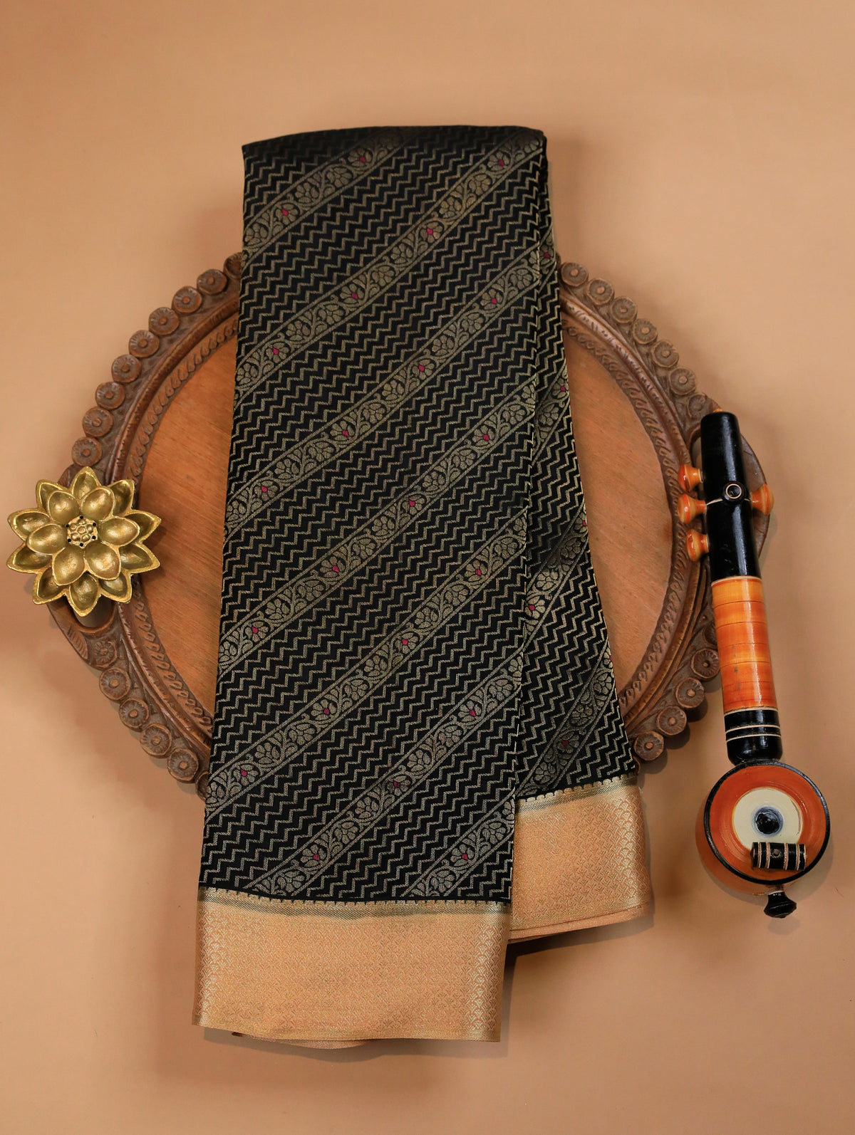 Black Pure Mysore Silk Saree with Zari Brocade & Beige Border