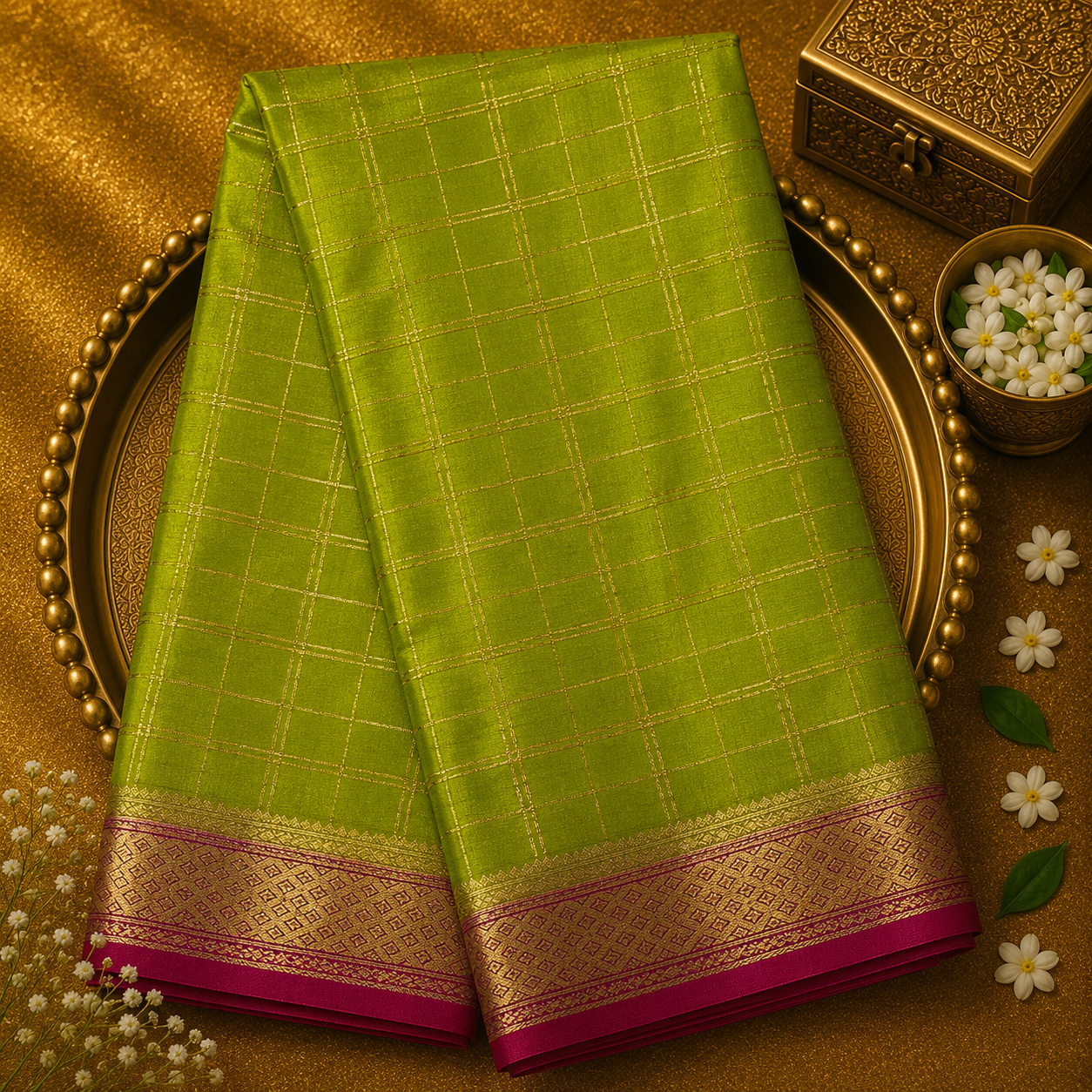 Green Pure Mysore Crepe Silk Saree with Zari Checks, Pink-Gold Border & Blouse